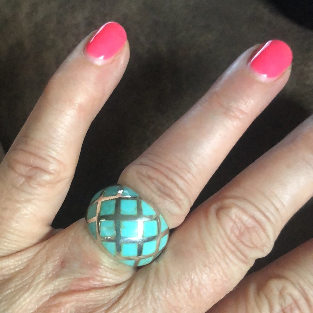 Vintage Turquoise Inlaid 925 Dome Ring